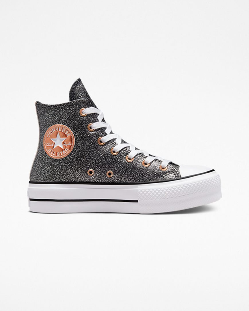 Topanky Na Platforme Converse Chuck Taylor All Star Lift Metallic Glitter Vysoke Damske Čierne Meď Biele | SK AYQZI0